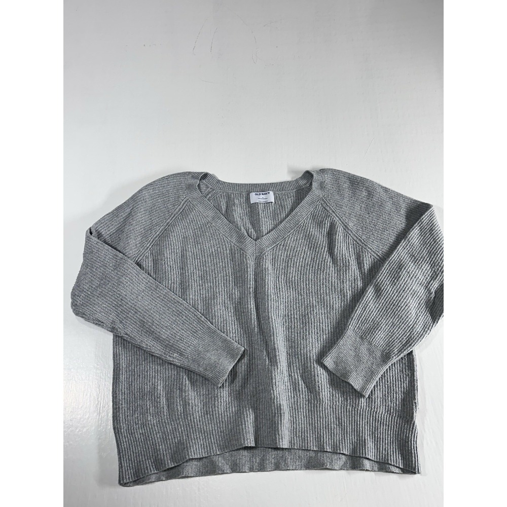 Old Navy Gray Ribbed V-Neck Sweater Women's Pullover Knit Top Cozy M